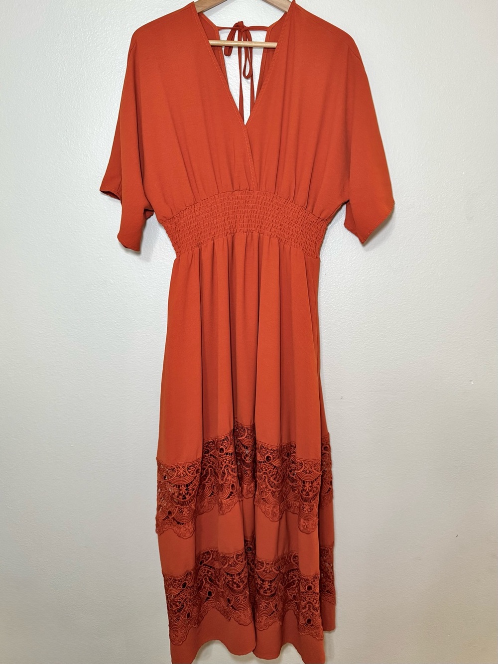 Olaesa Rust Orange Boho Maxi Dress Smocked Waist Lace Pockets XXXL